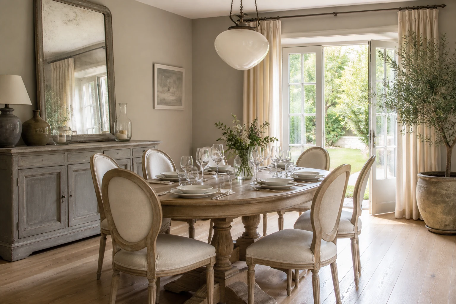 Salle à manger Chic et Charme avec table en chêne, chaises médaillon et buffet patiné