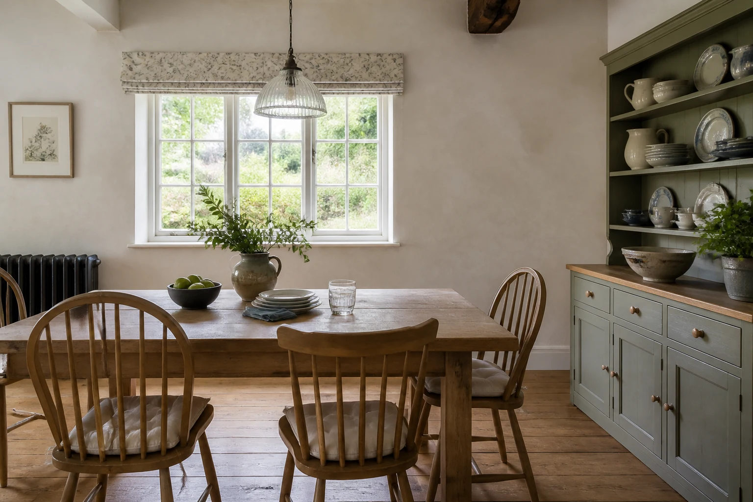 Salle à manger de cottage anglais avec table en chêne, chaises à barreaux et vaisselier vert