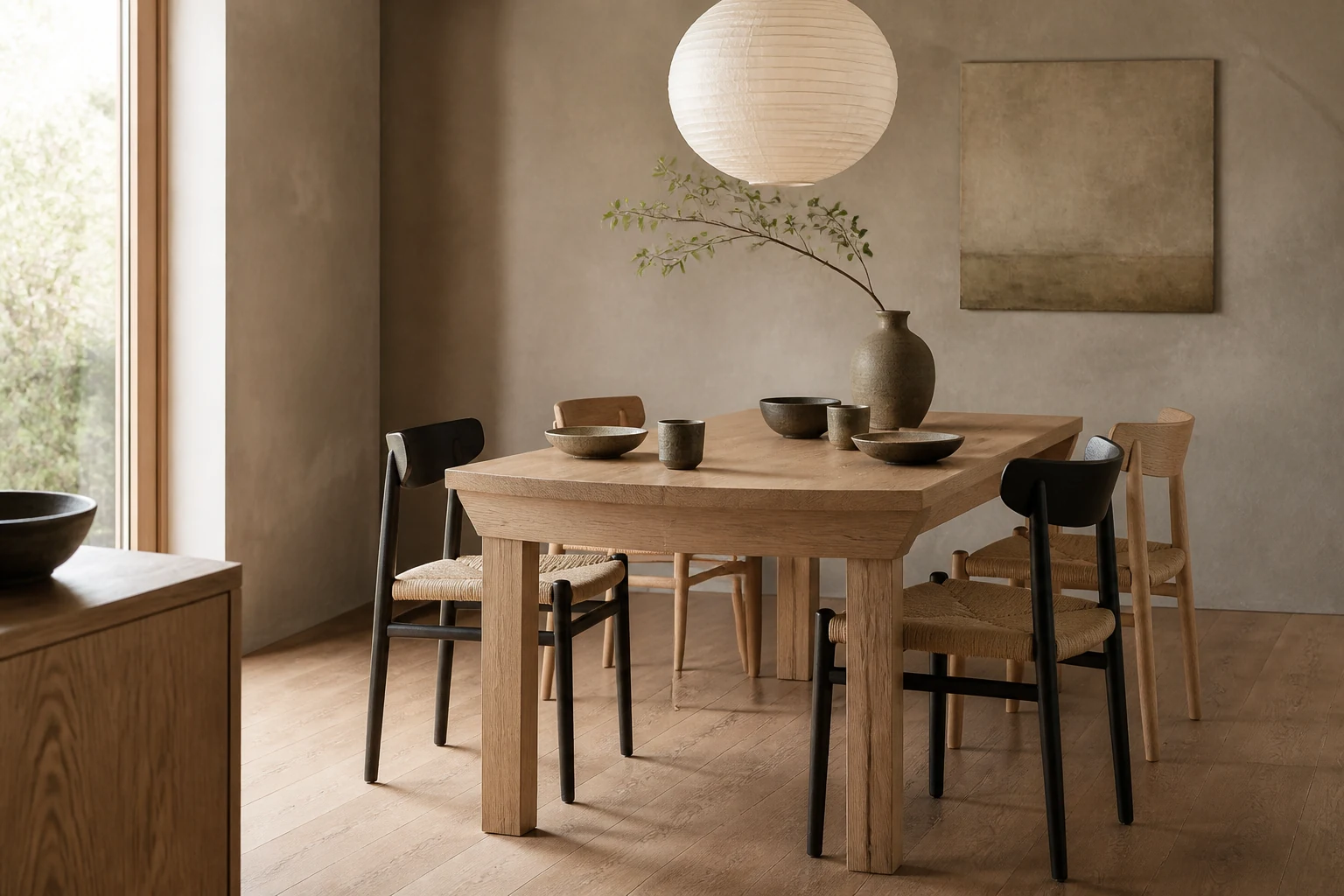 Salle à manger Japandi avec table en bois clair et chaises noires et naturelles