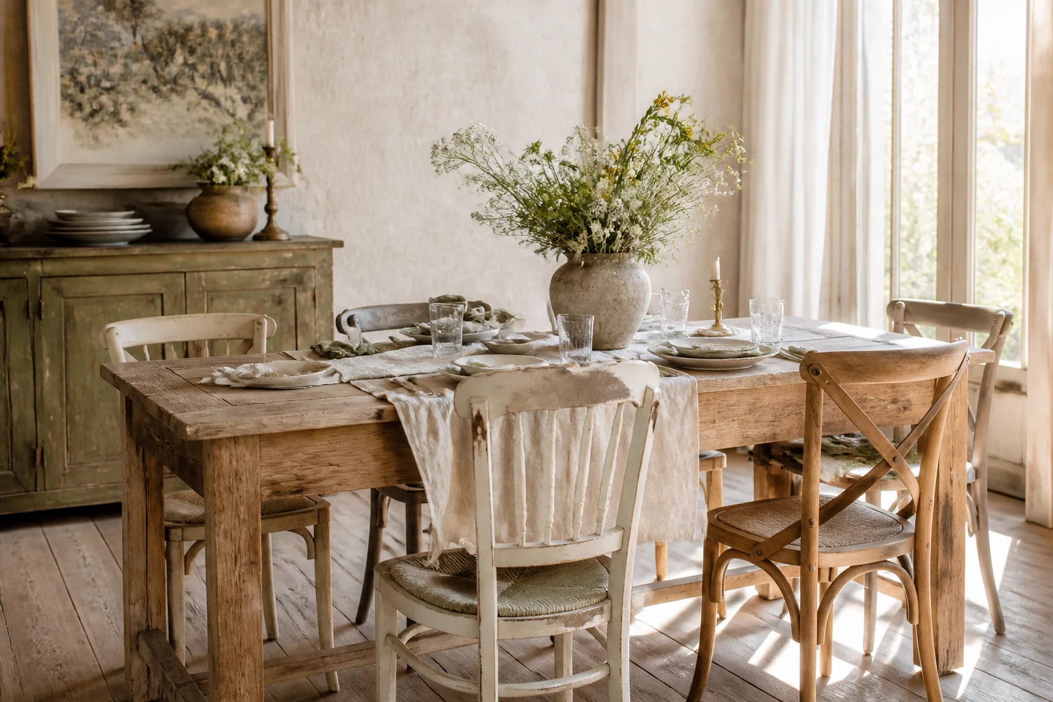 Salle à manger shabby chic avec table de ferme récupérée et chaises vintage coordonnées