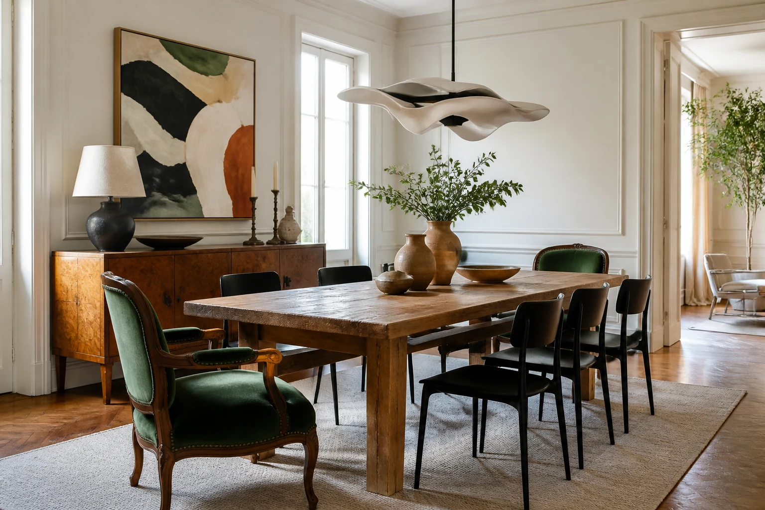 Salle à manger éclectique avec table rustique, chaises contemporaines, fauteuils anciens et artisanat