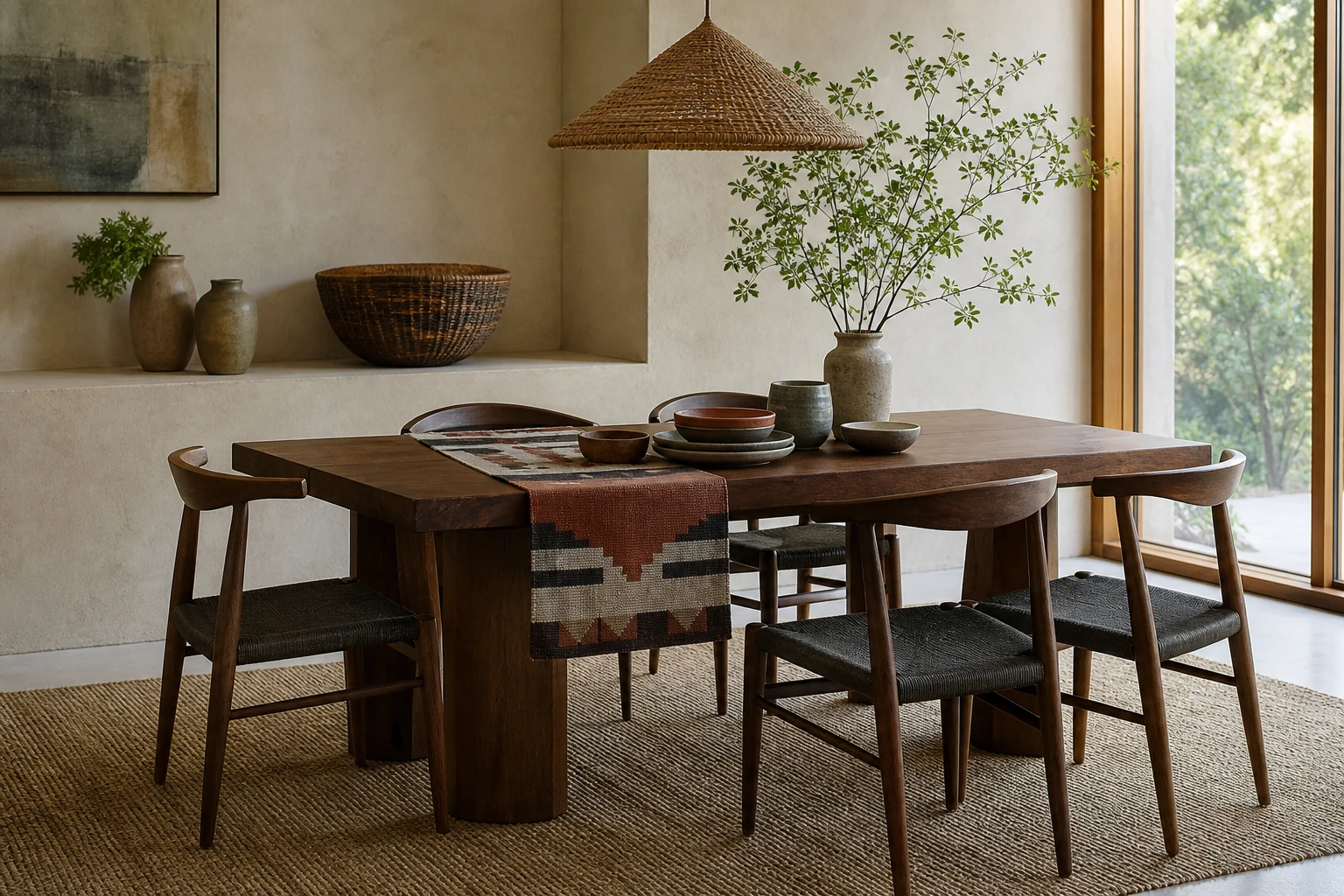 Salle à manger contemporaine de style ethnique avec bois, vannerie et céramiques