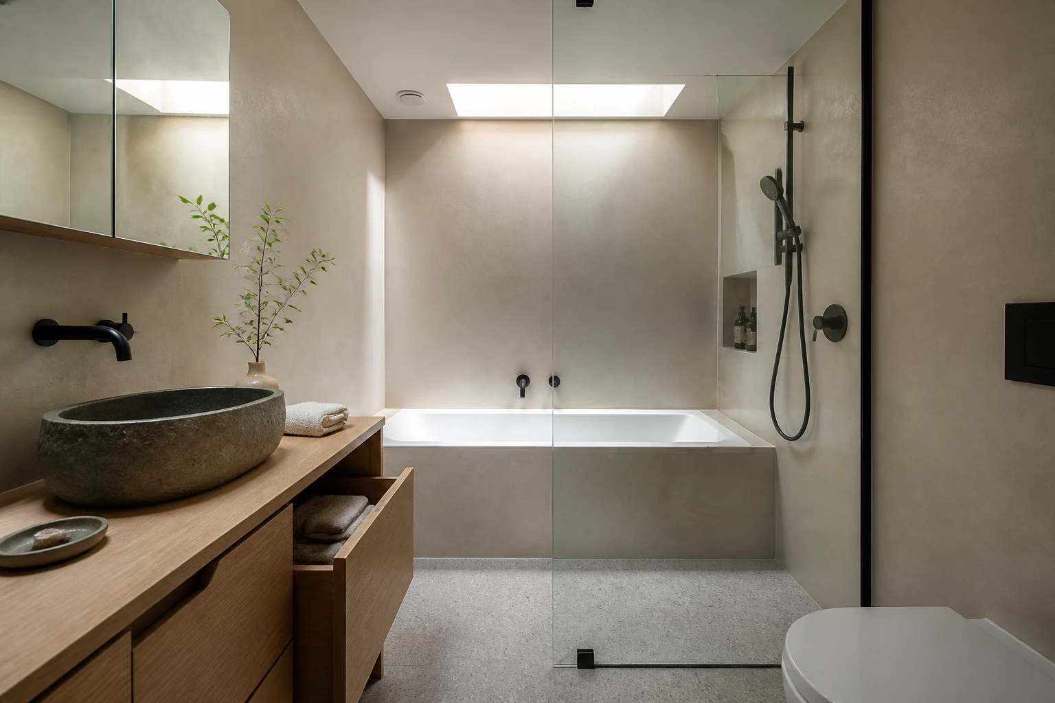 Petite salle de bain Japandi avec meuble en chêne, enduit minéral et baignoire