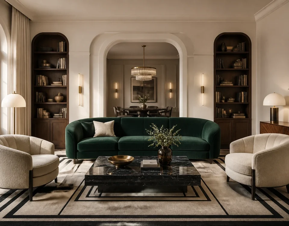 Salon Art déco contemporain avec canapé vert, fauteuils crème, noyer, marbre noir et laiton