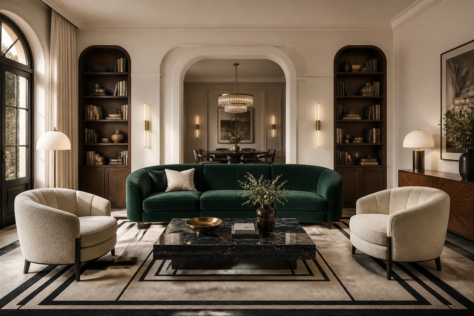 Salon Art déco contemporain avec canapé vert, fauteuils crème, noyer, marbre noir et laiton