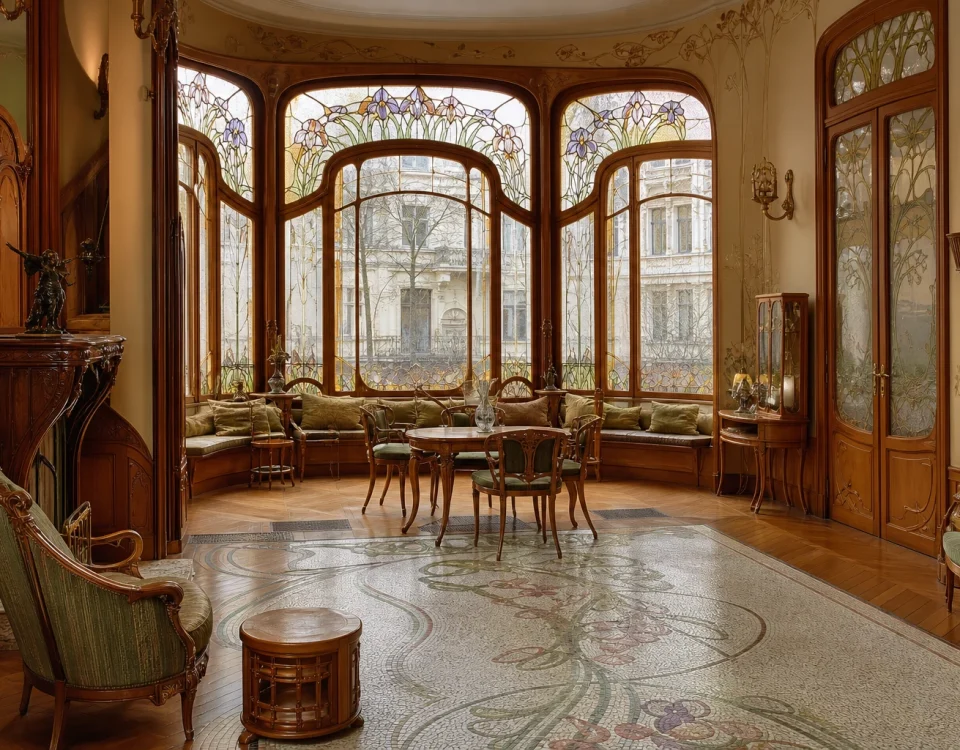 Salon Belle Époque de style Art nouveau avec boiseries courbes et vitraux aux iris
