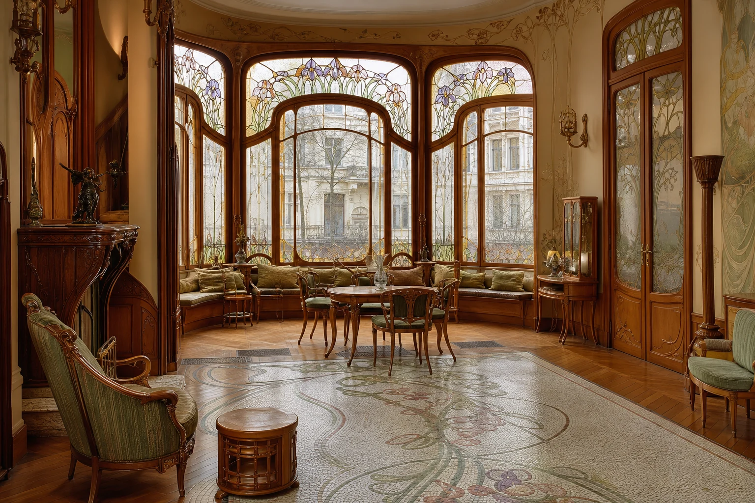 Salon Belle Époque de style Art nouveau avec boiseries courbes et vitraux aux iris