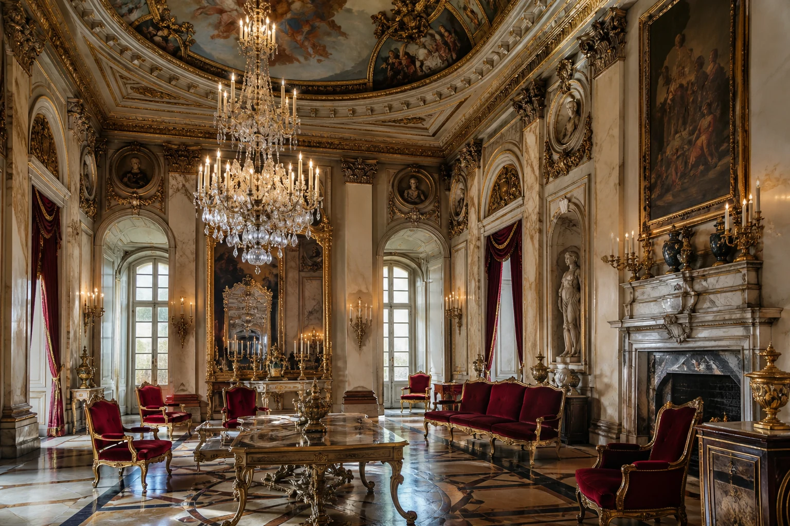 Grand salon européen de style baroque avec dorures, velours rouge et lustres en cristal