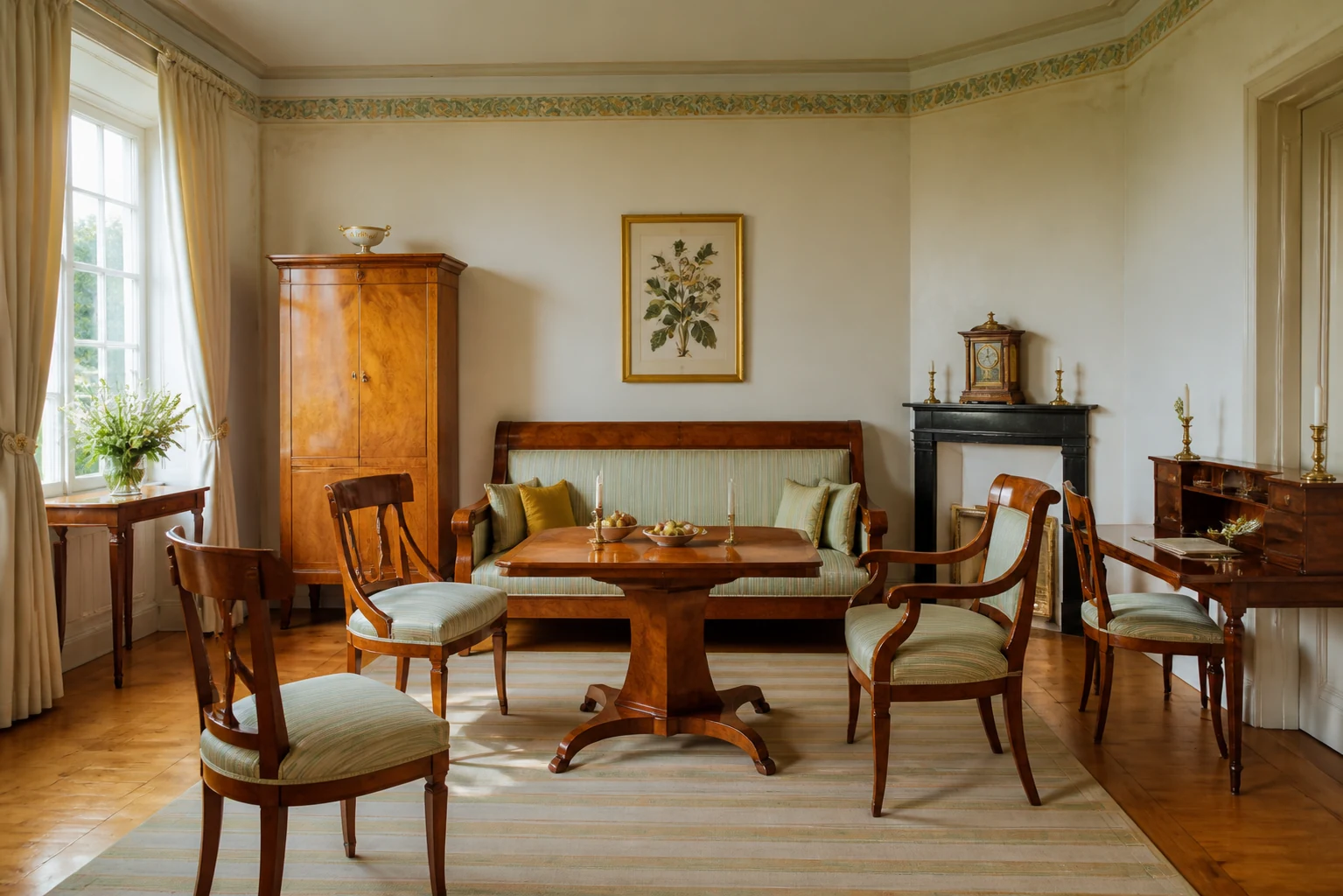 Salon Biedermeier viennois vers 1825 avec mobilier en bois de cerisier