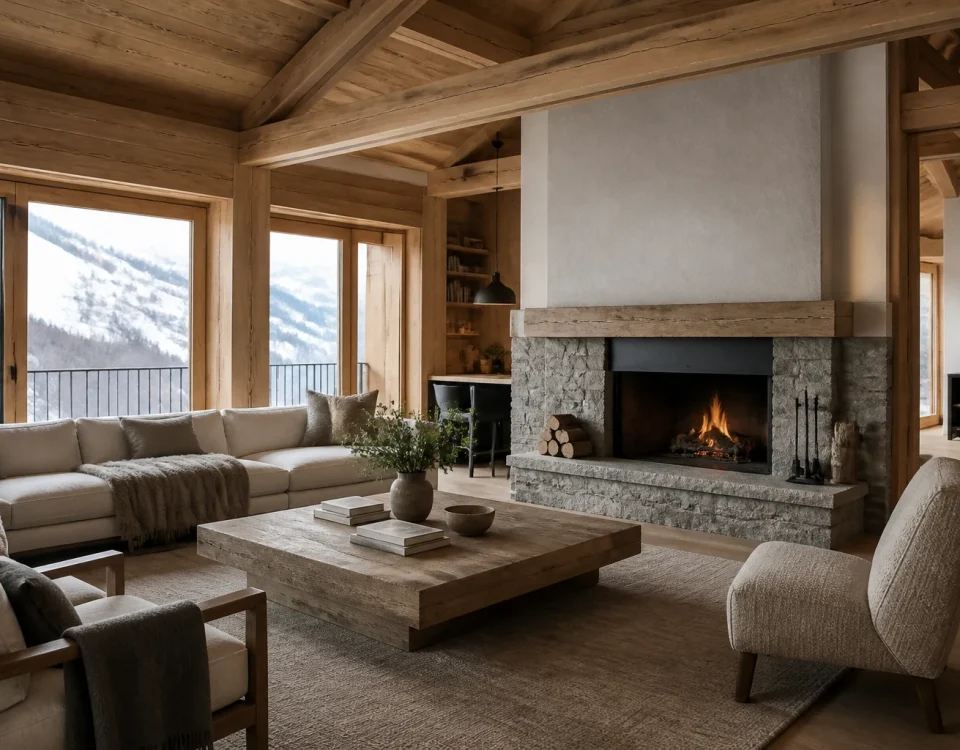 Salon de chalet contemporain avec bois naturel, cheminée en pierre et vue sur la montagne