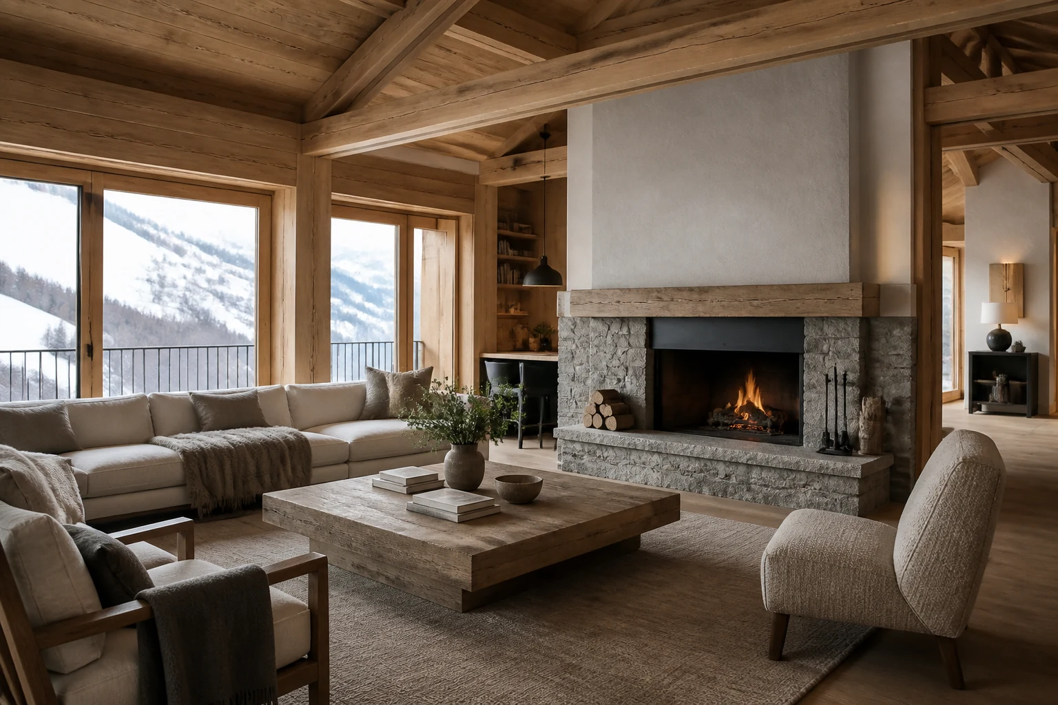 Salon de chalet contemporain avec bois naturel, cheminée en pierre et vue sur la montagne