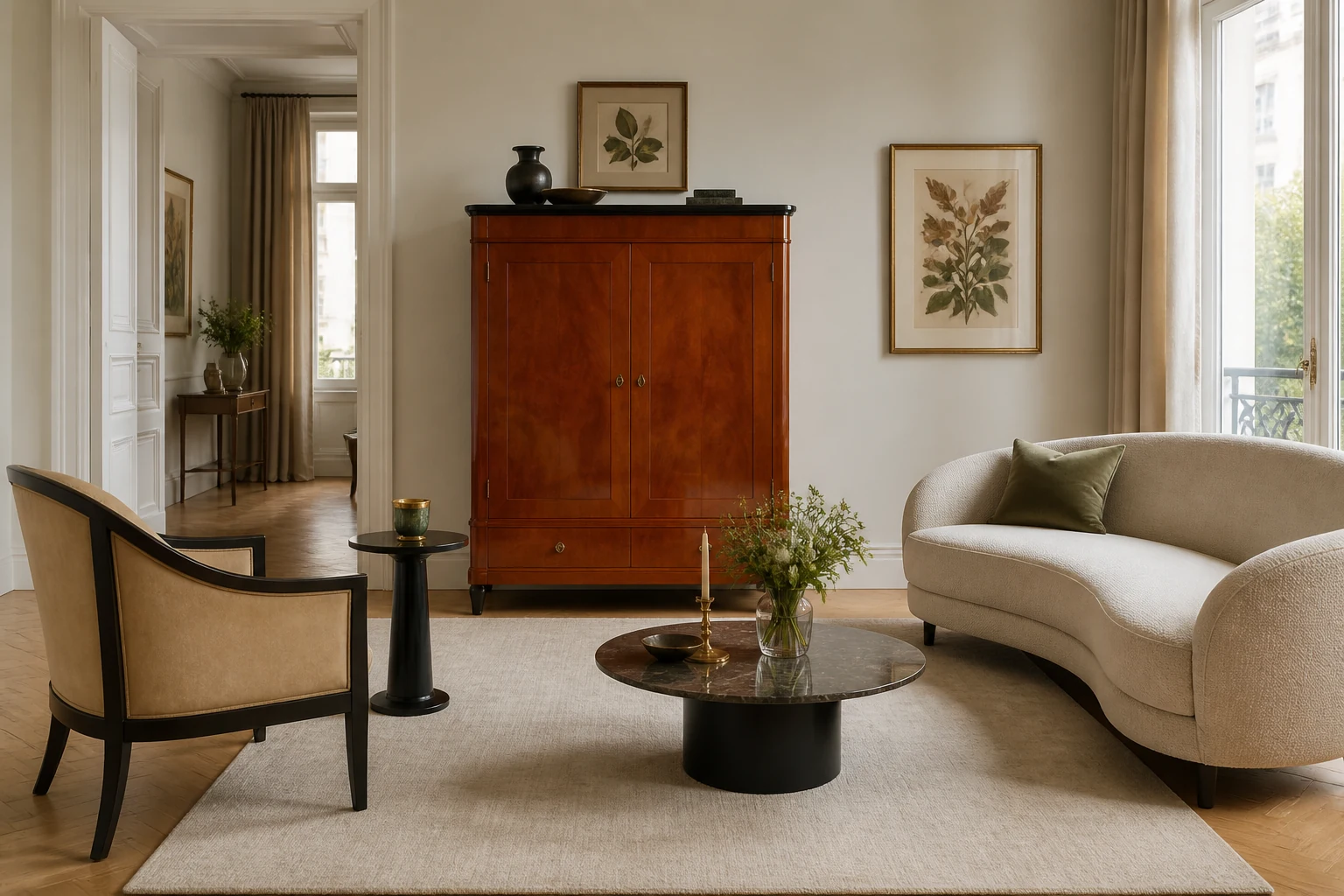 Salon contemporain avec armoire en bois inspirée du style Biedermeier