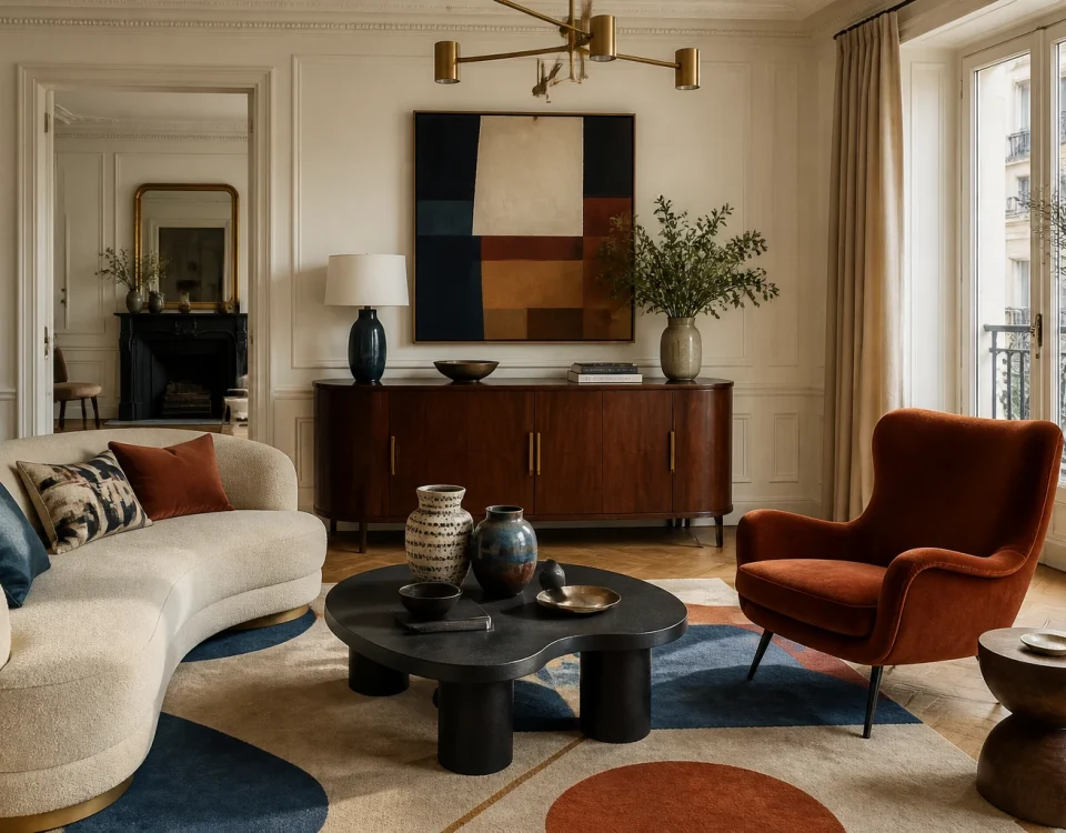 Salon éclectique harmonieux mêlant mobilier contemporain, fauteuil vintage, console Art déco et artisanat