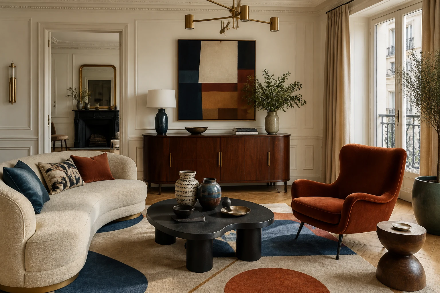 Salon éclectique harmonieux mêlant mobilier contemporain, fauteuil vintage, console Art déco et artisanat