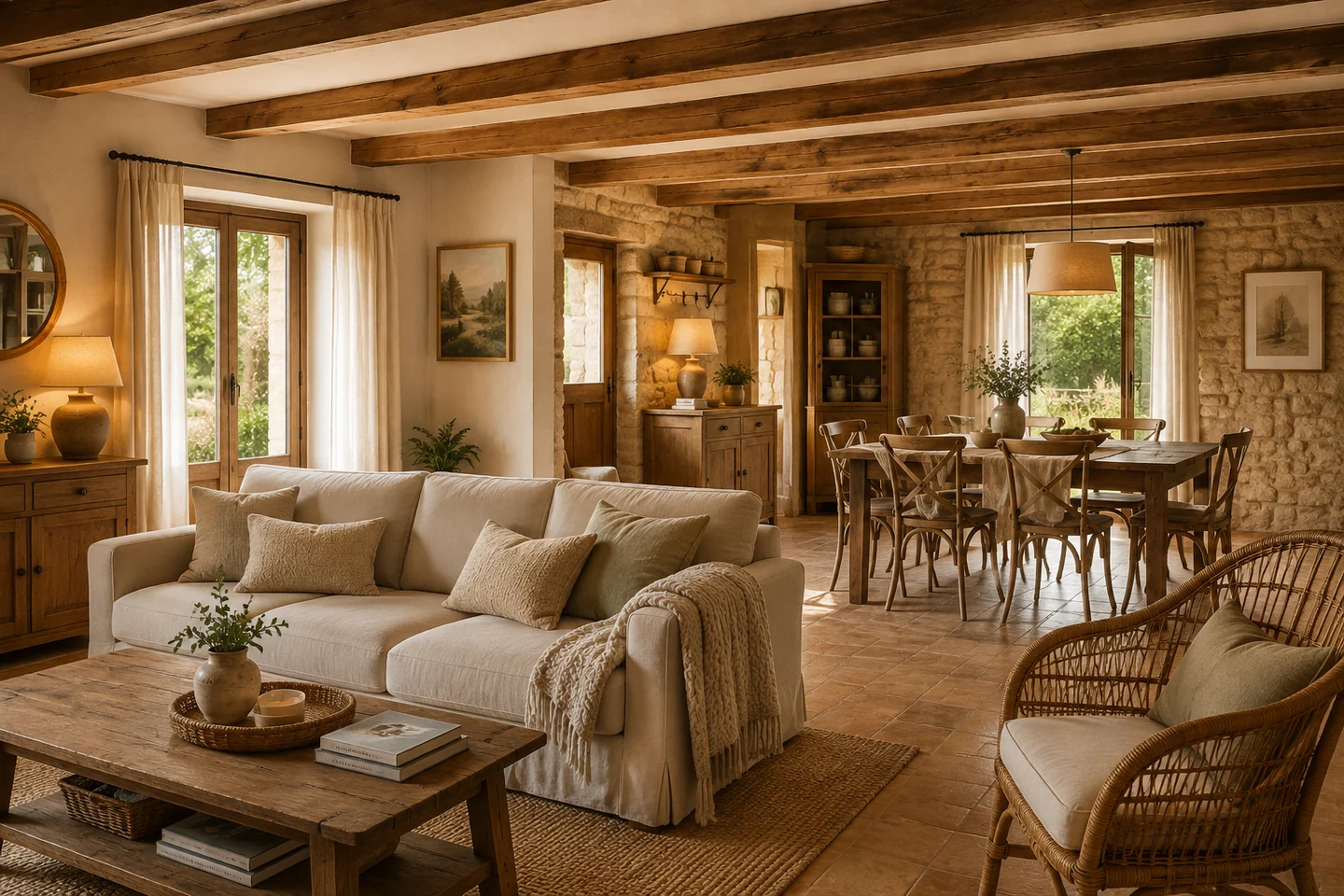 Salon et salle à manger d’un gîte aménagés pour accueillir confortablement plusieurs voyageurs