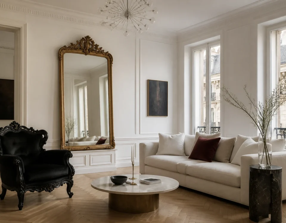 Salon néo-baroque contemporain avec fauteuil noir et grand miroir doré