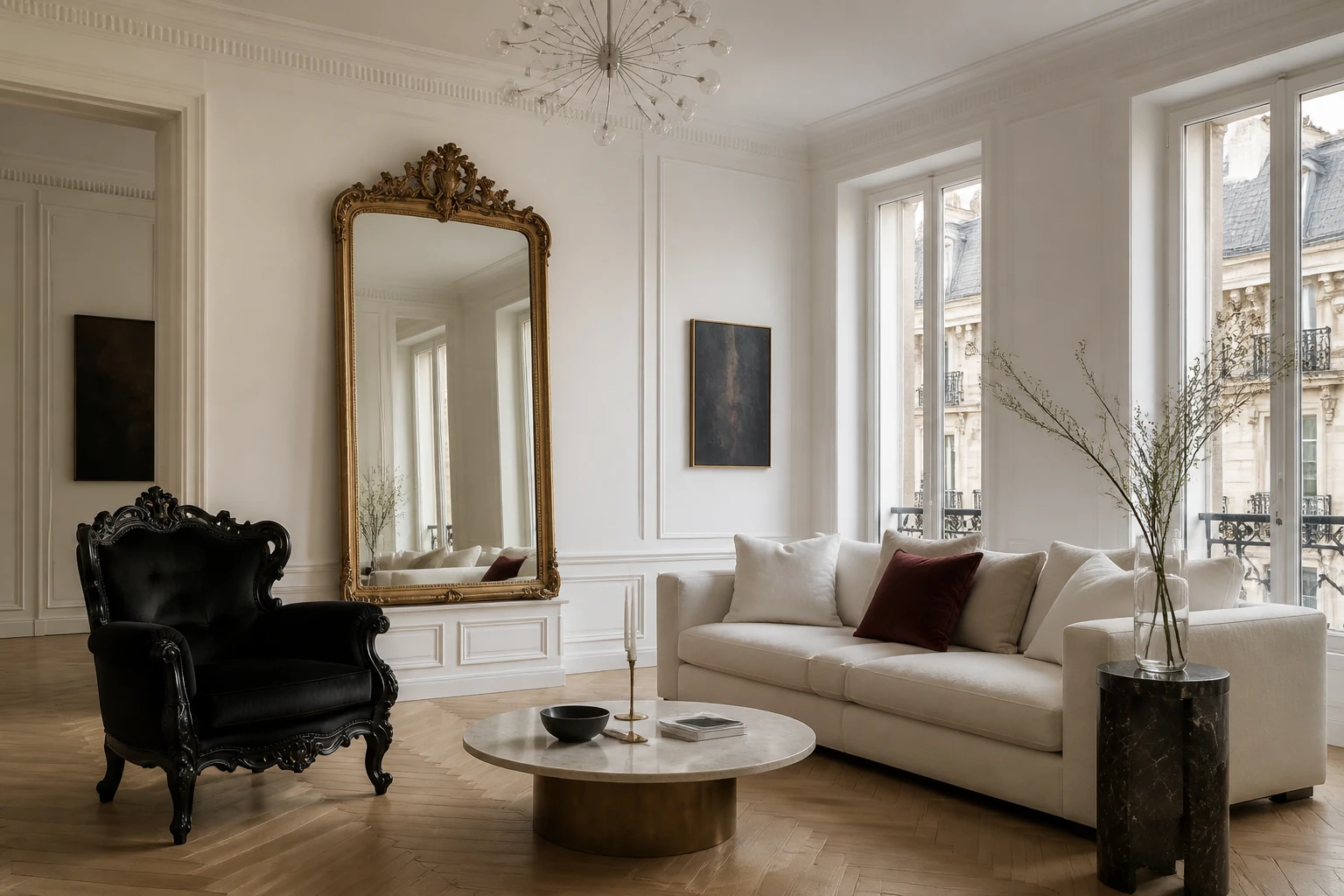 Salon néo-baroque contemporain avec fauteuil noir et grand miroir doré