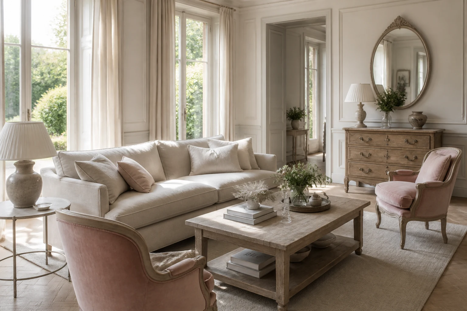 Salon Chic et Charme lumineux avec canapé en lin, fauteuils rose poudré et mobilier ancien patiné