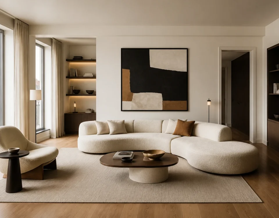 Salon contemporain élégant avec canapé courbe, bois sombre et rangements intégrés