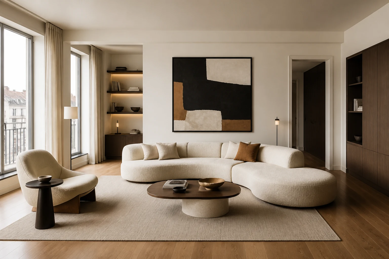 Salon contemporain élégant avec canapé courbe, bois sombre et rangements intégrés