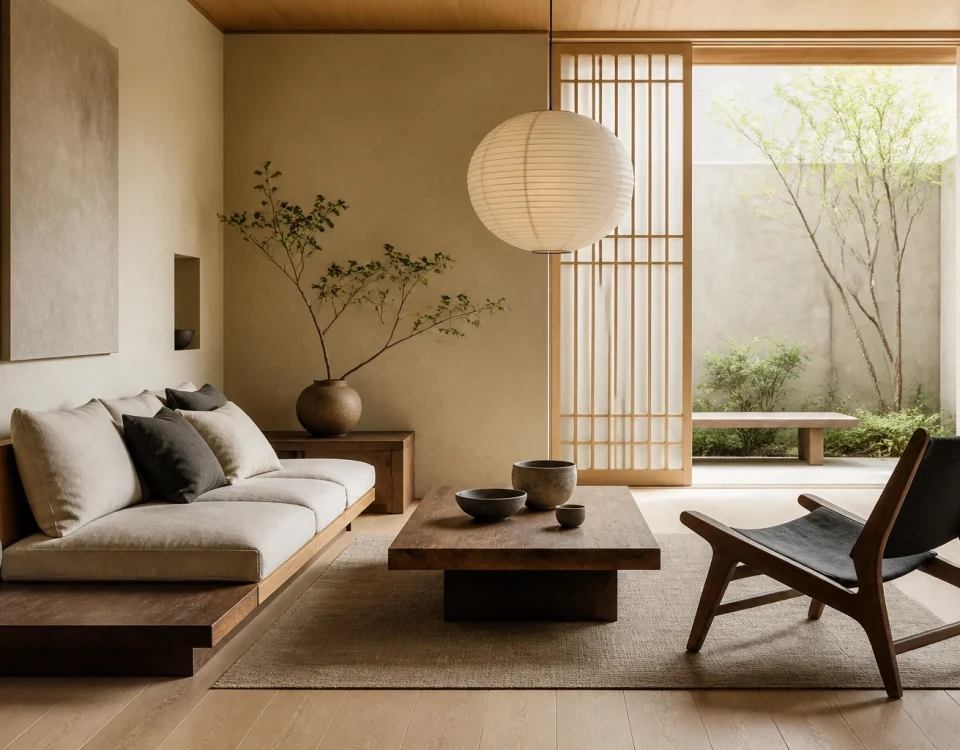 Salon de style Japandi avec mobilier bas en bois naturel et jardin intérieur