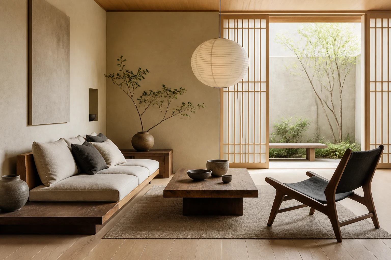 Salon de style Japandi avec mobilier bas en bois naturel et jardin intérieur