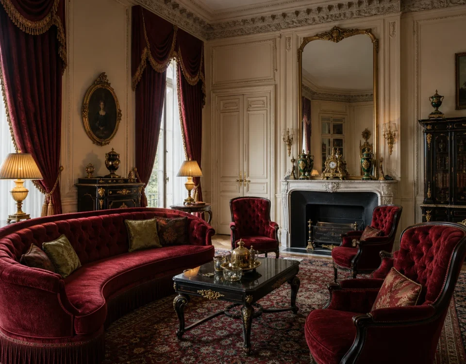 Salon de style Napoléon III avec velours rouge, bois noirci, bronze doré et cheminée en marbre