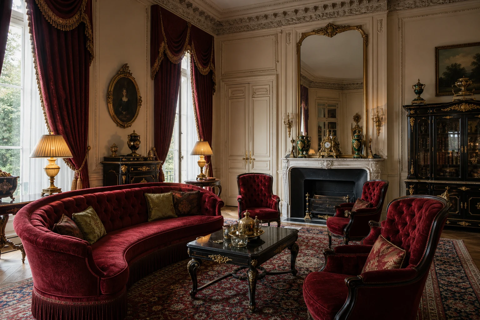 Salon de style Napoléon III avec velours rouge, bois noirci, bronze doré et cheminée en marbre