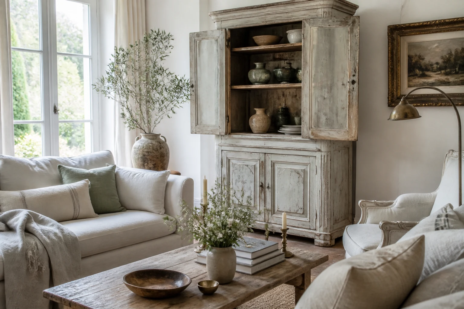Salon shabby chic contemporain avec meuble ancien patiné, canapé en lin et bois naturel