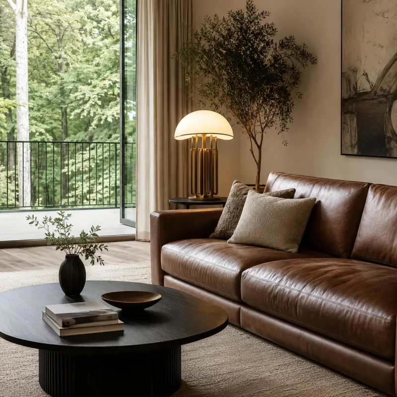 Salon contemporain avec canapé noir, lampe art déco moderne, table basse noire et balcon avec vue sur la forêt