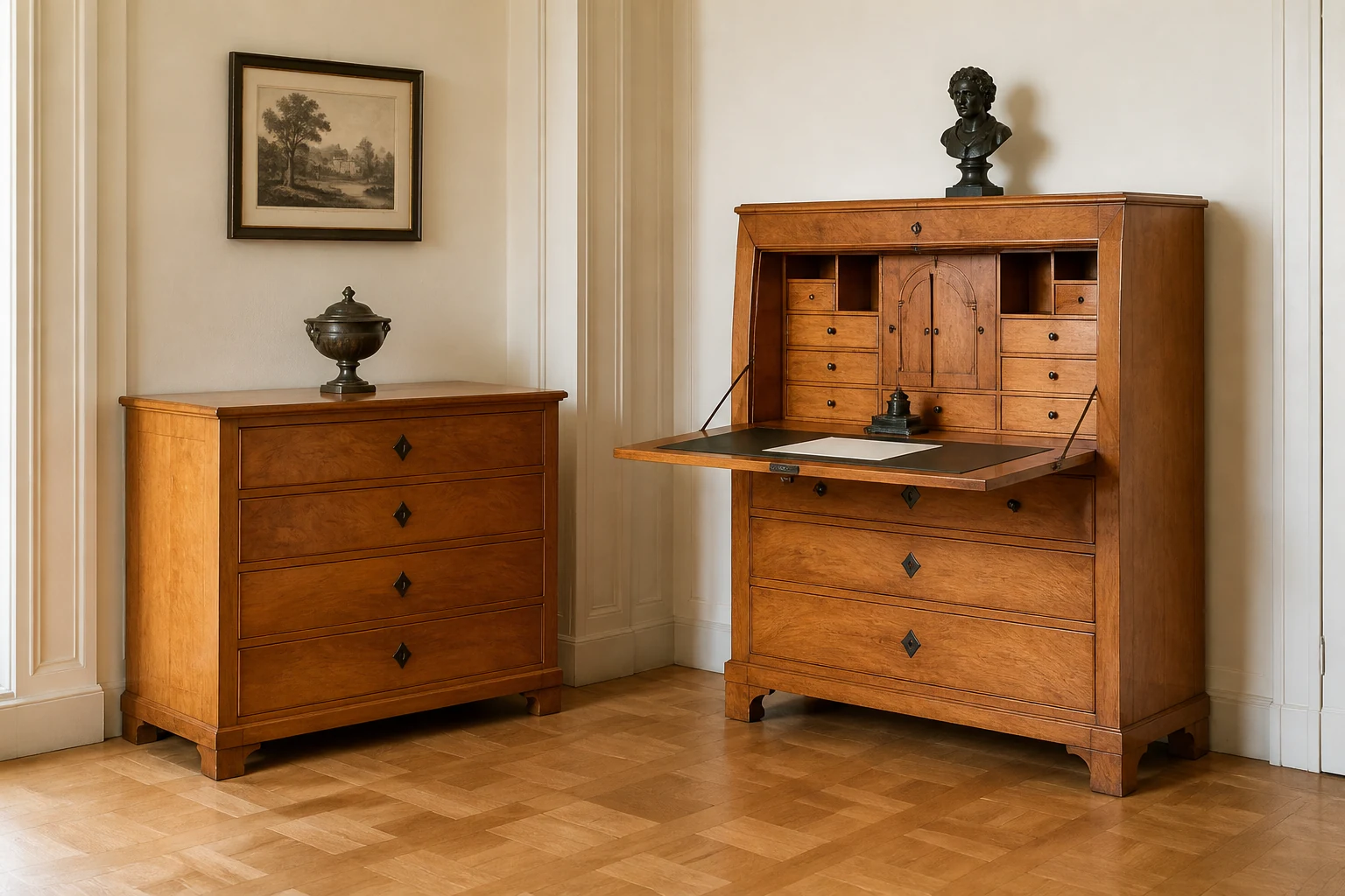Secrétaire et commode Biedermeier en placage de bois de cerisier
