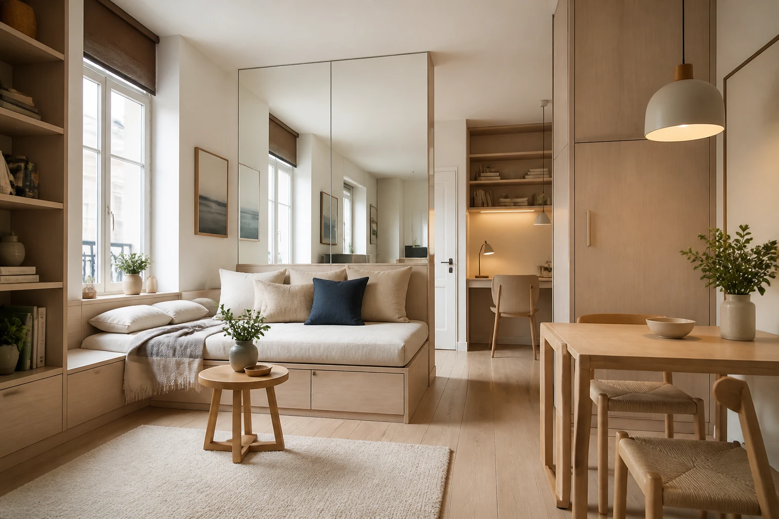 Petit studio scandinave organisé avec lit banquette, rangements intégrés, bureau et grand miroir