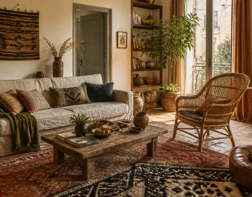 Salon bohème chaleureux avec canapé en lin, fauteuil en rotin, tapis anciens, bois patiné et objets artisanaux