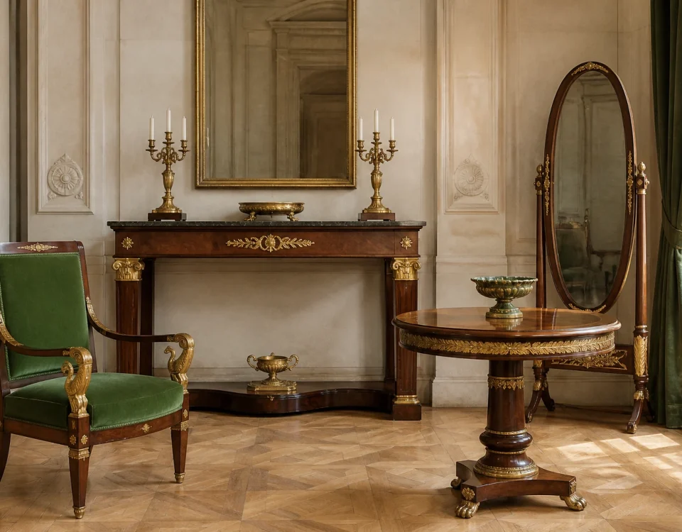 Console en acajou et bronze doré, fauteuil vert, guéridon et psyché dans un salon de style Empire