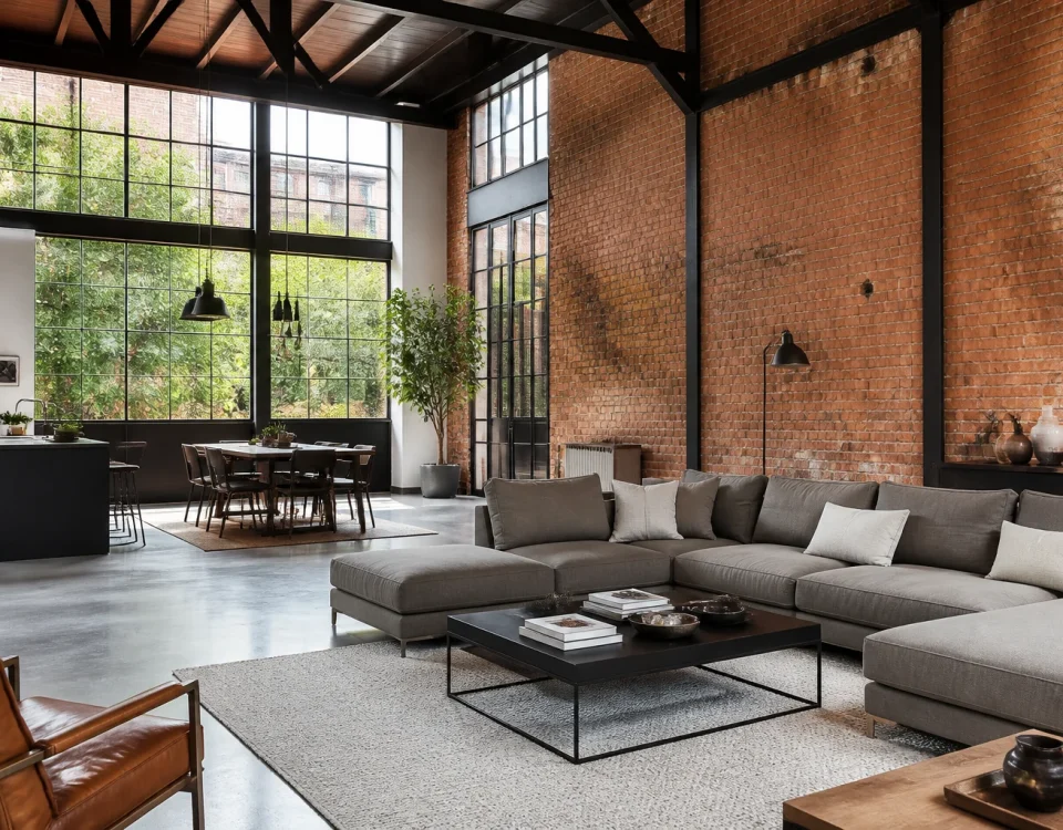 Grand loft industriel avec murs en briques, verrières métalliques et espace de vie ouvert