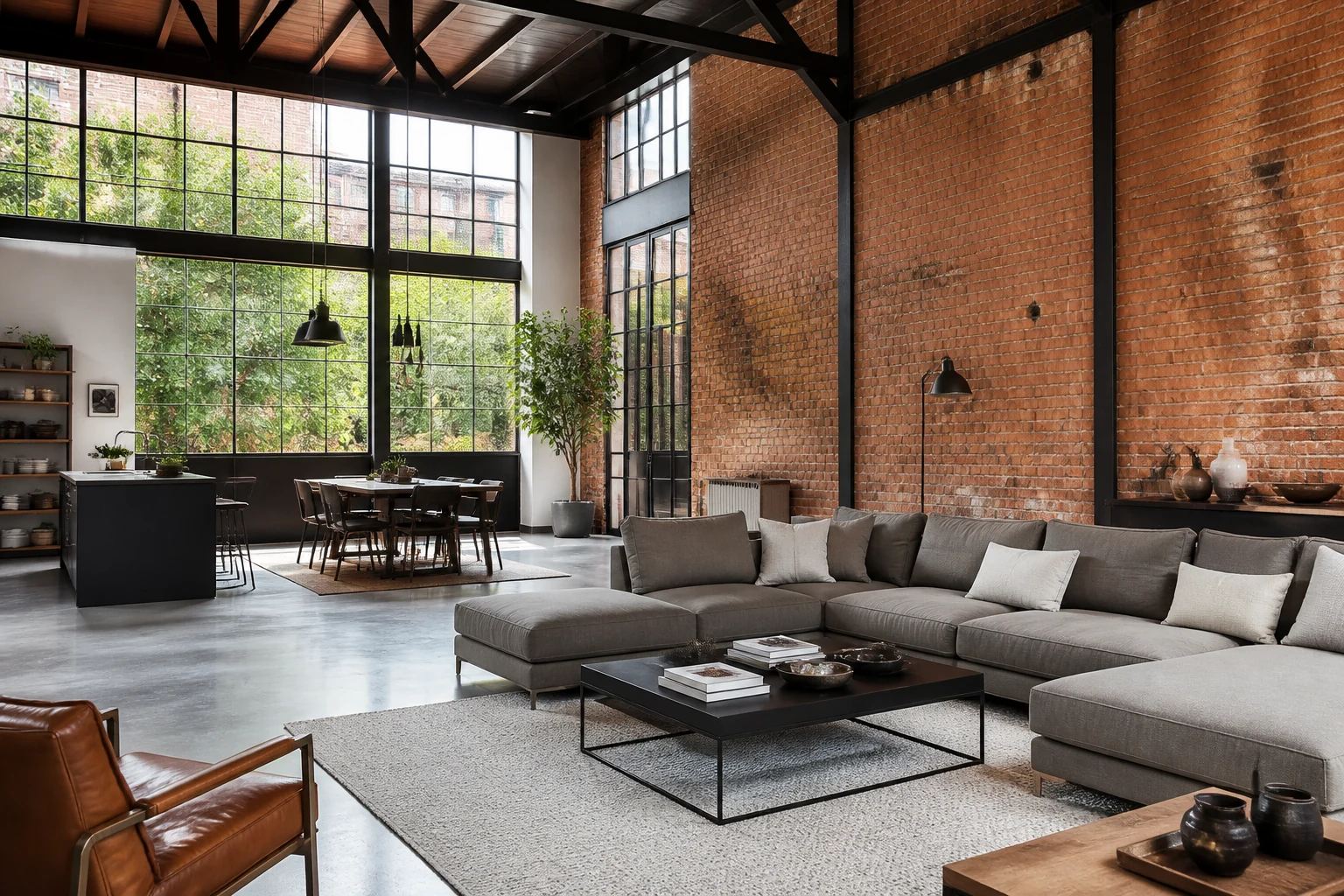 Grand loft industriel avec murs en briques, verrières métalliques et espace de vie ouvert