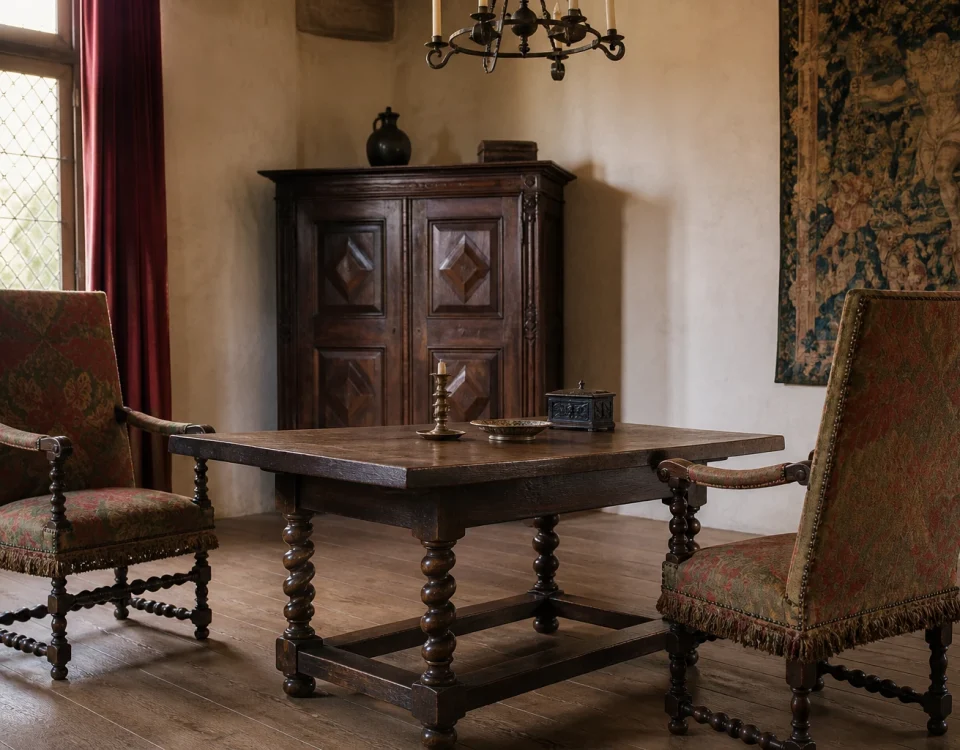 Table en noyer à pieds torsadés et fauteuils à haut dossier dans un intérieur de style Louis XIII