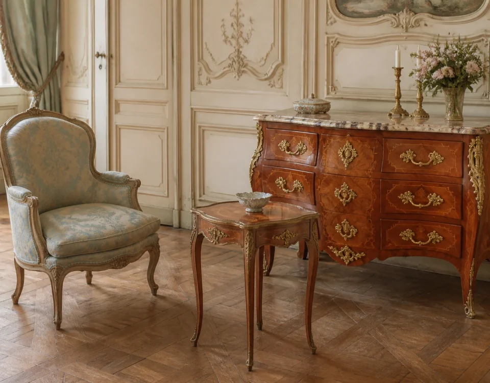 Salon de style Louis XV avec bergère, commode en marqueterie et petite table aux pieds galbés