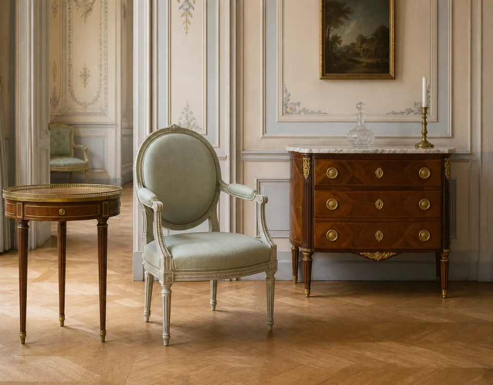 Fauteuil médaillon, commode marquetée et table bouillotte dans un salon de style Louis XVI