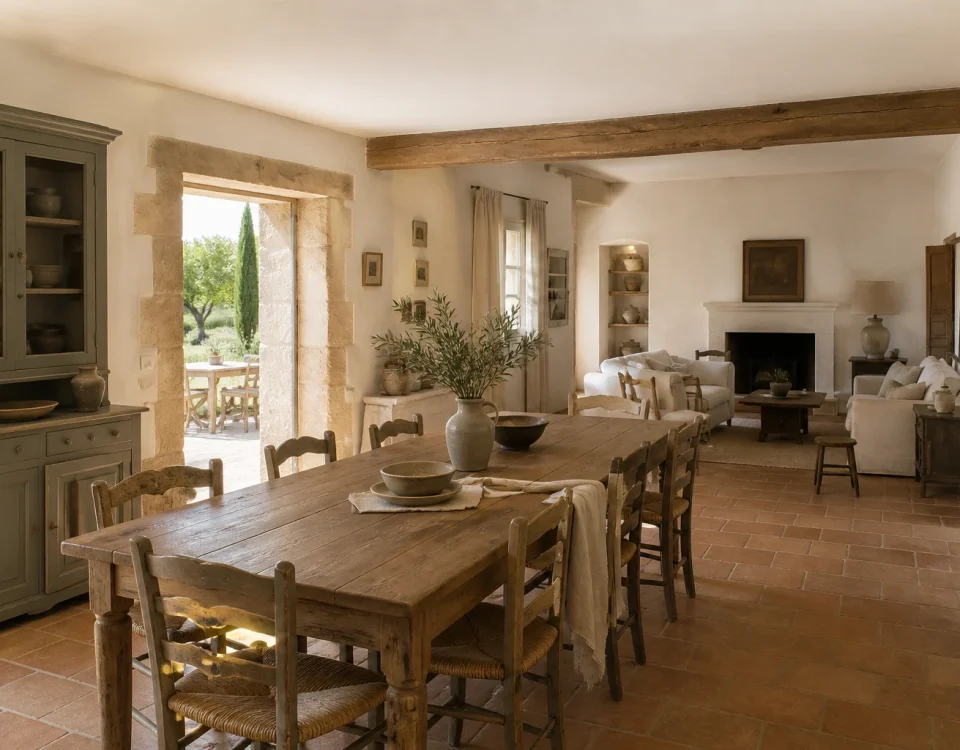 Salon et salle à manger d’un mas provençal avec murs à la chaux, tomettes, table en bois et chaises paillées