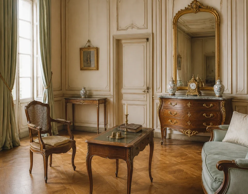 Salon français avec commode, fauteuil et bureau de style Régence