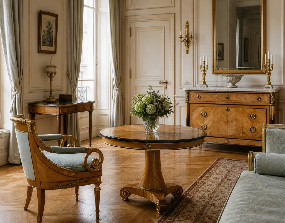 Salon français de style Restauration vers 1825 avec mobilier en bois clair