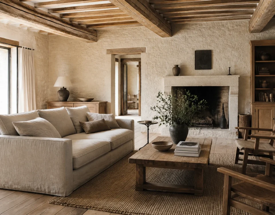 Salon de style rustique contemporain avec poutres anciennes, murs en pierre claire et mobilier en bois massif