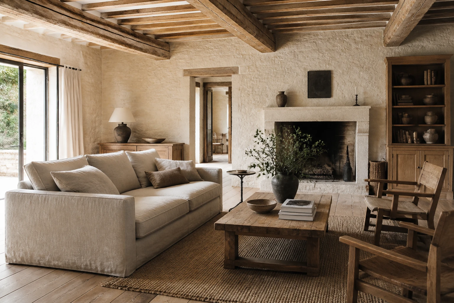 Salon de style rustique contemporain avec poutres anciennes, murs en pierre claire et mobilier en bois massif