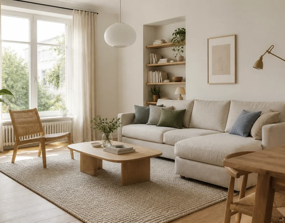 Salon de style scandinave lumineux avec canapé en lin, bois clair et touches de vert et de bleu
