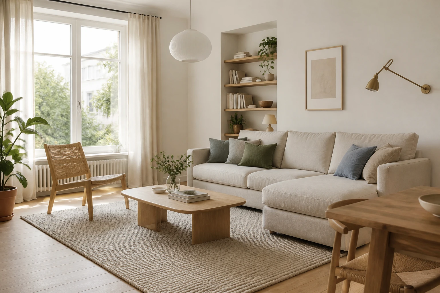 Salon de style scandinave lumineux avec canapé en lin, bois clair et touches de vert et de bleu