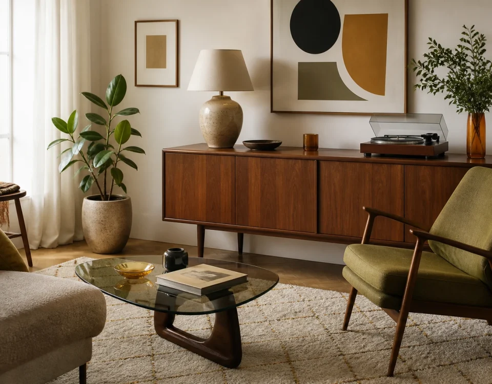 Salon vintage avec enfilade en noyer, fauteuil vert olive et table basse en verre fumé
