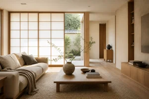 Salon de style zen aux matières naturelles, bois clair et lumière douce