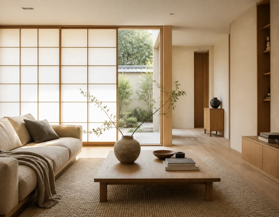 Salon de style zen aux matières naturelles, bois clair et lumière douce